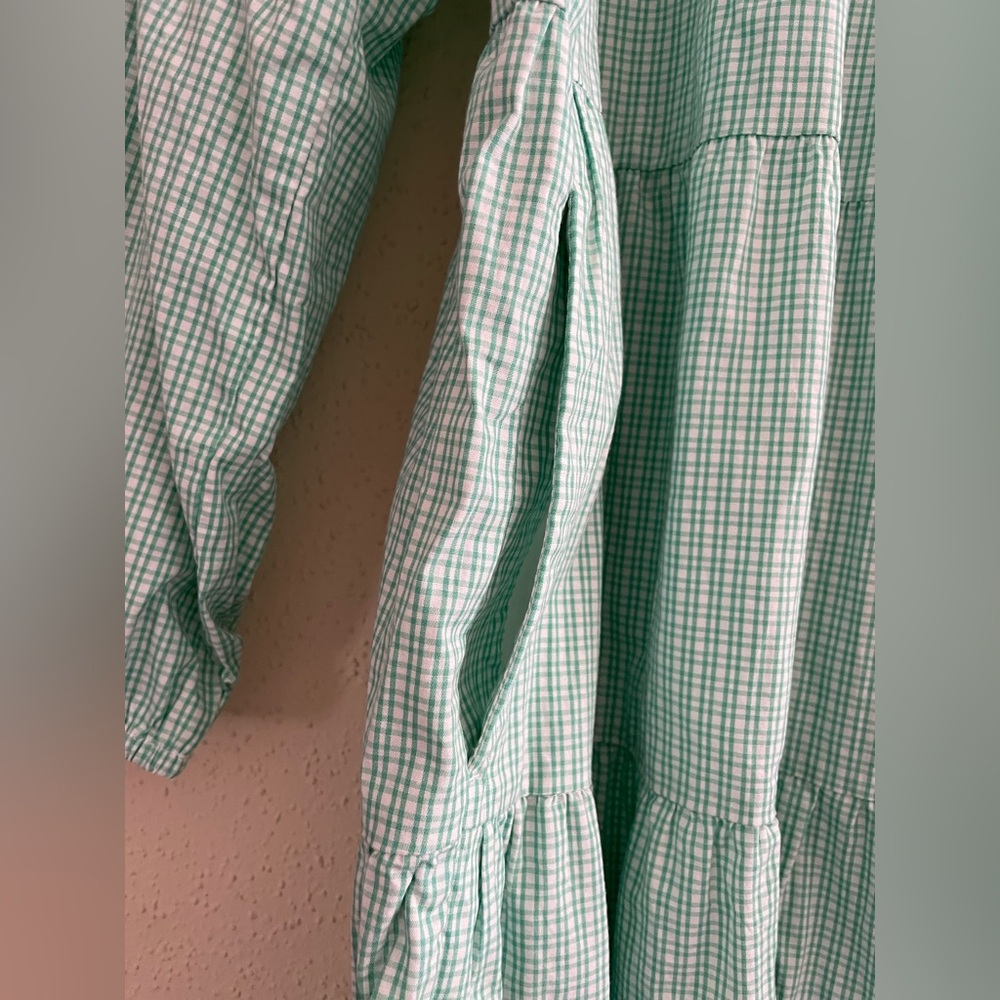 J Crew Factory Women’s Medium Green Gingham Cotton Blend Spring Tiered Dress - Picture 5 of 15